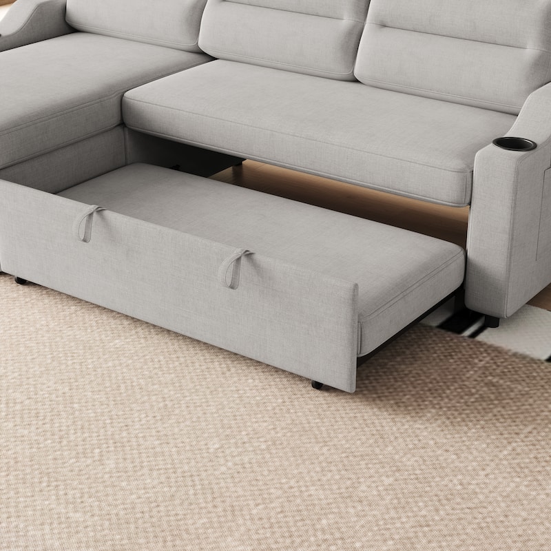 Multi-Position Sofa Bed with Pull-Out Sleeper, Chaise, and Storage for Living Room