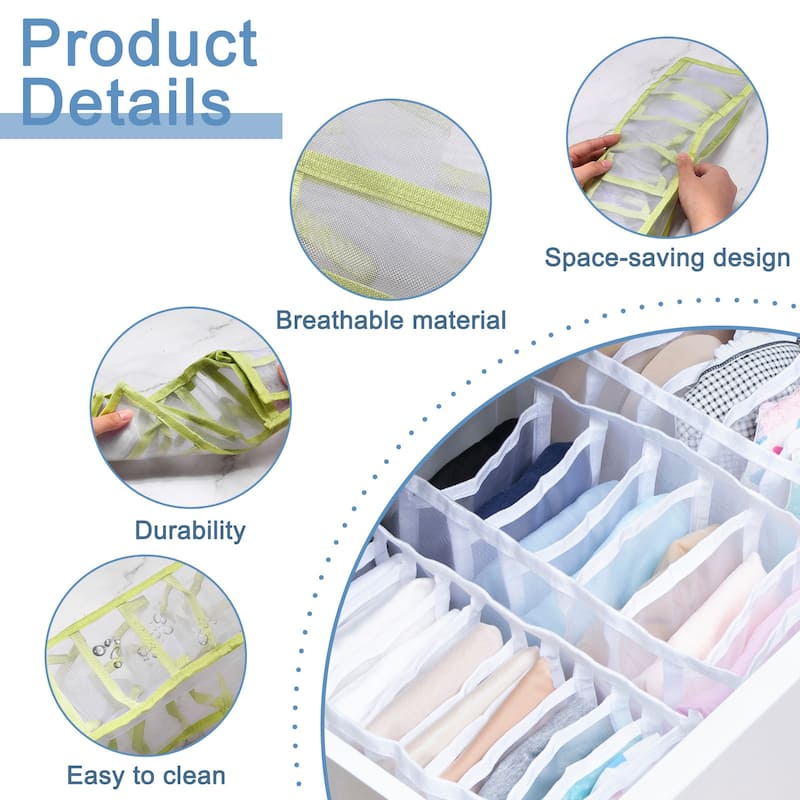 Underwear Drawer Organizer, 7 Grids Foldable Sock Underpants Organizer - Green