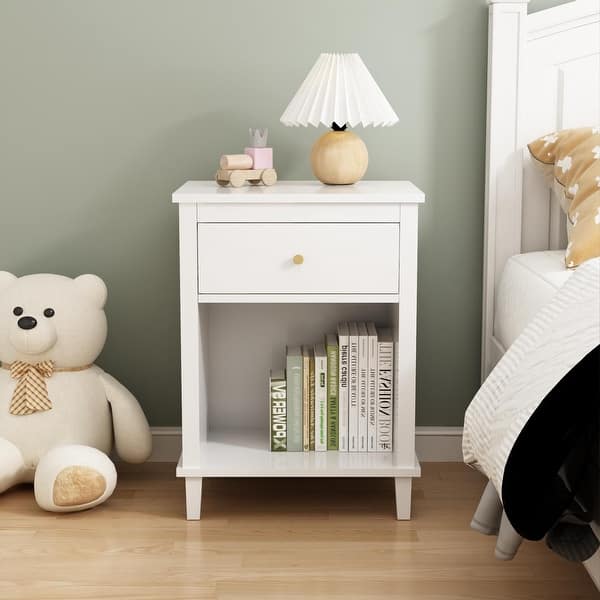 slide 2 of 20, Wooden Kids Nightstand with One Drawer and One Shelf White