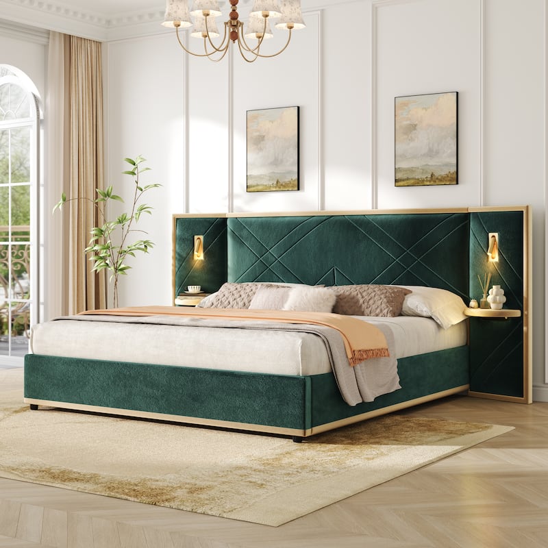 Christopher Knight Home - Voss Velvet Upholstered Bed with 2 Built-in LED Lights and 2 Storage Side Panels - Green - King