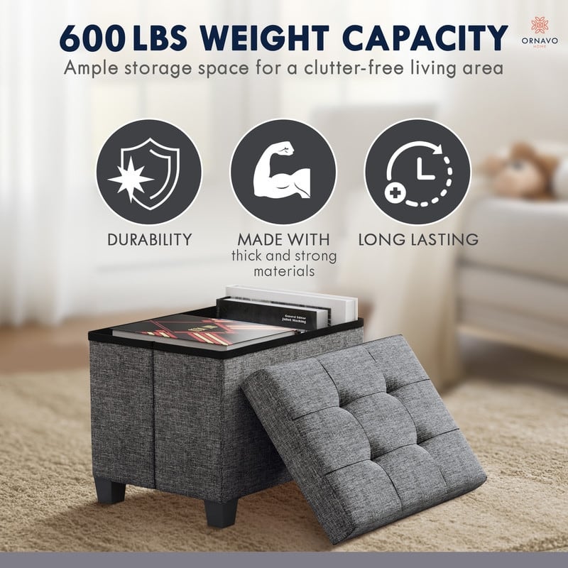 Ornavo Home Collapsible Rectangle Small Storage Ottoman with Legs - 12" x 16" x 12"