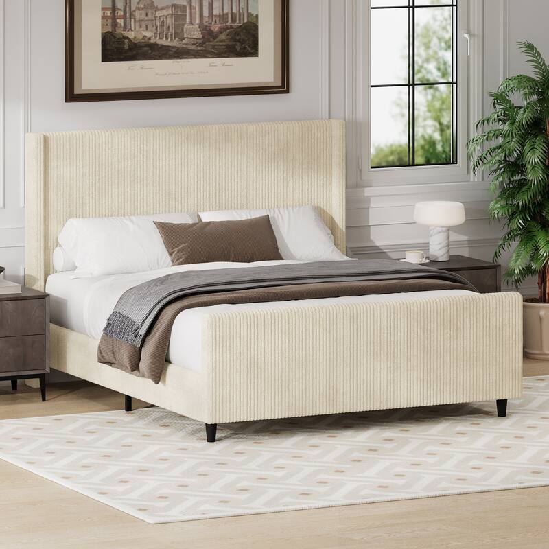 High Headboard Corduroy Upholstered Bed Frame