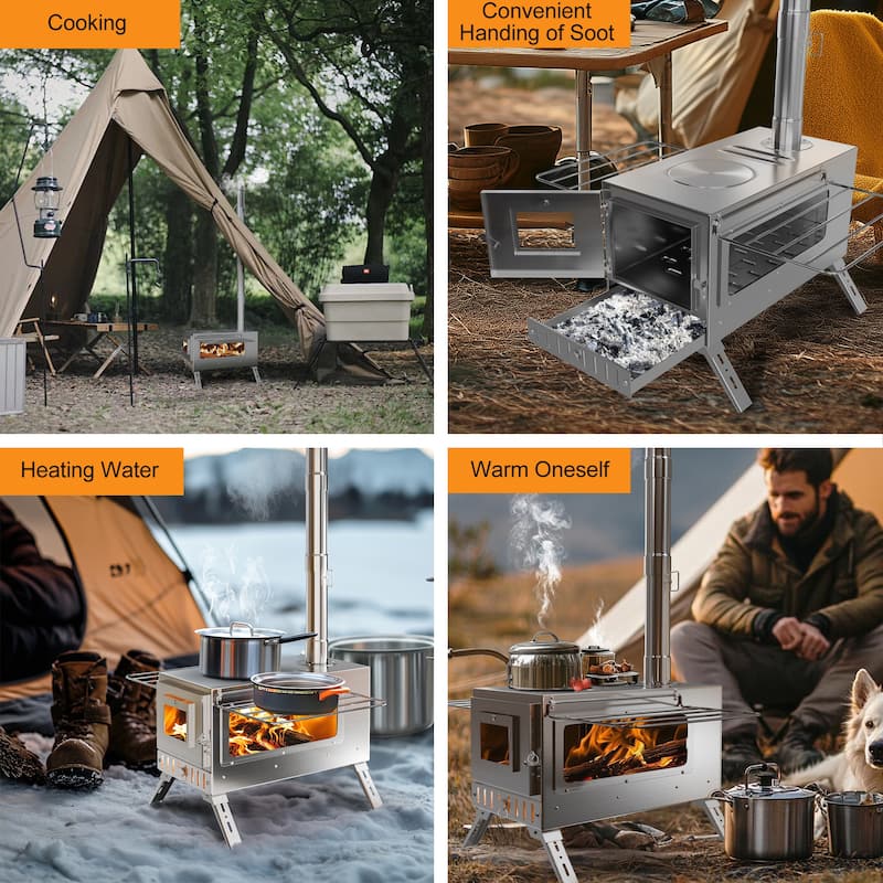 Large Camping Wood Stove, Portable Stainless Steel Hot Tent Stove with 7 chimney pipes
