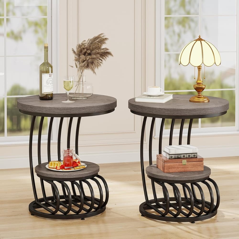 2 Tiers Round End Table with Storage Shelf