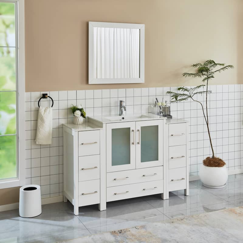Vanity Art 54 Inch Single Sink Bathroom Vanity Set 8 Dove-Tailed Drawers 3 Cabinets 1 Shelf, Soft-Closing Doors with Free Mirror
