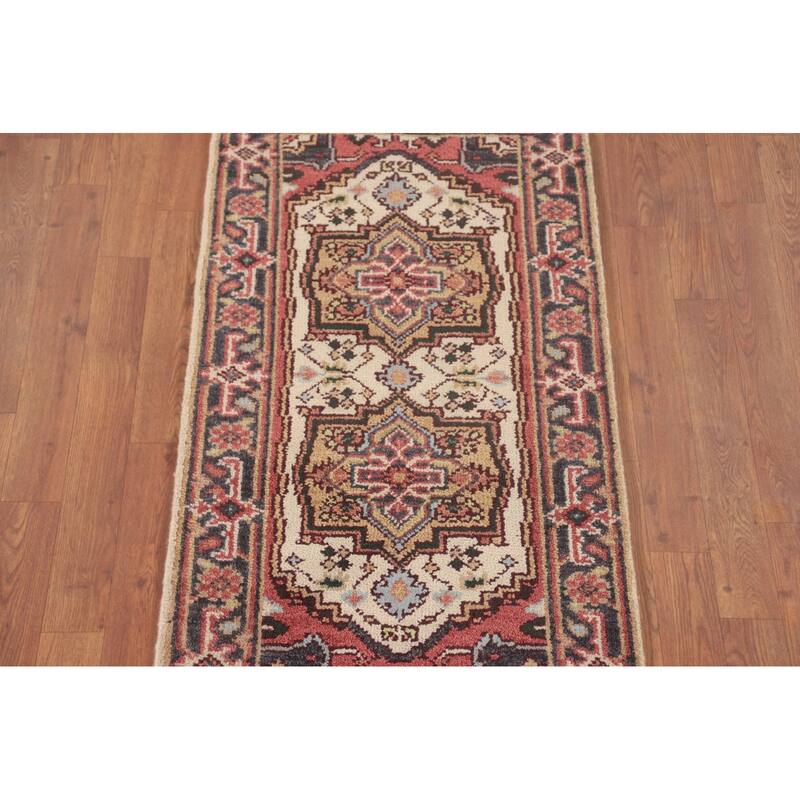 Geometric Heriz-Serapi Accent Rug Handmade Beige Wool Carpet - 2'0"x 4'0"