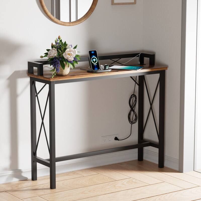 Javlergo Extra Long Console/Sofa Table with Charging Station & Power Outlet - 39''L - Brown