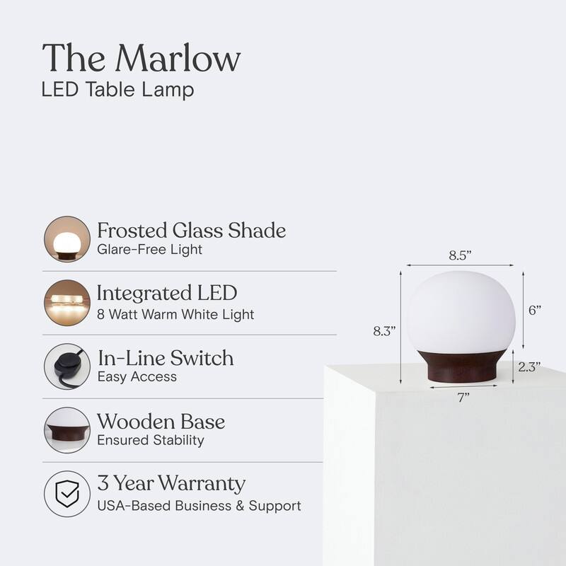Brightech Marlow LED Walnut Brown Wood Midcentury Round Globe Dimmable Bedside Nightstand Desk Lamp