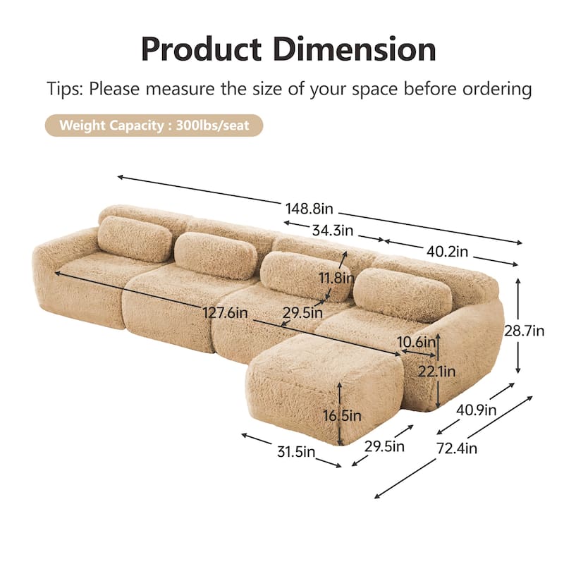 148.8 Inch Modular Couch with Ottoman, Comfy Couches, L Shaped 4 Seat Sofa, Modern Sectional Couches for Living Room