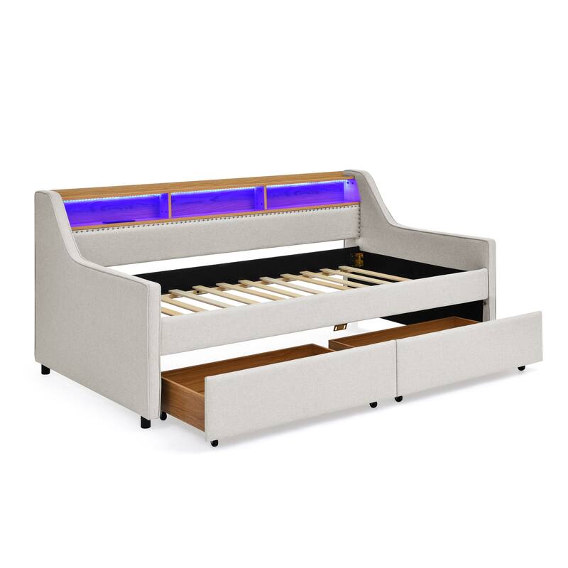Beige Twin Size Upholstery Daybed with Three LED Lights,Storage Adjustable Headboard and Two Storage Pull Up Drawers