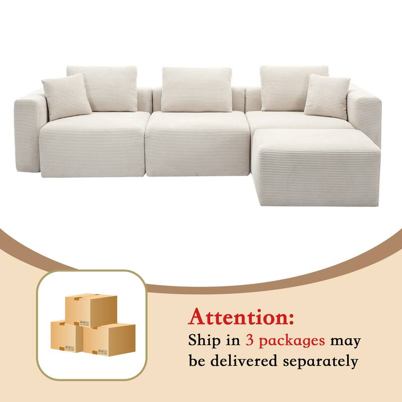 Corduroy Sectional Modular Sofa with Square Arms & Ottoman Extension for Flexible Arrangements