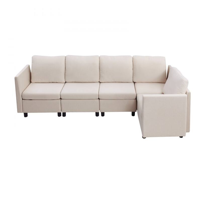 Beige Cotton-Linen Modular Sectional Sofa with Storage, Kid-Friendly Cushions and Wood Frame
