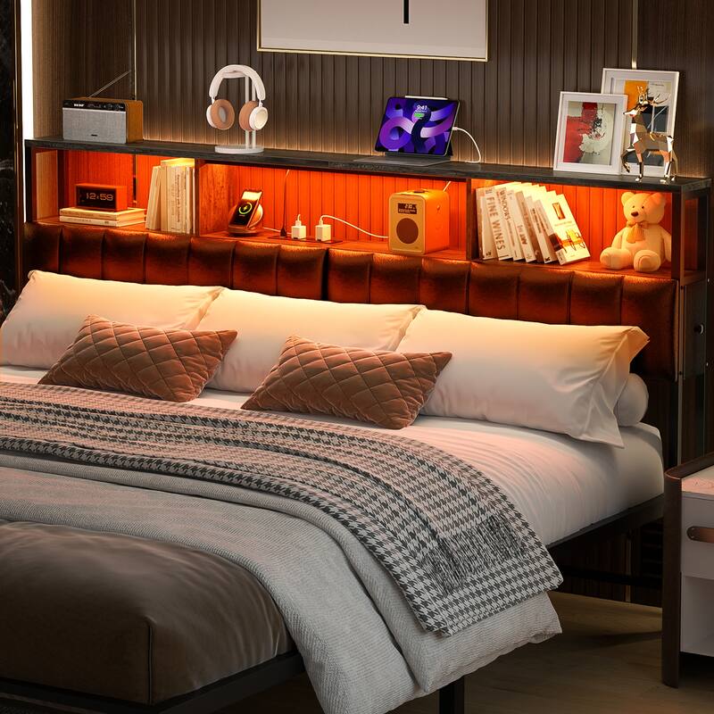 Upholstered Headboard with Hidden Drawer, Head Board with Power Outlet and LED Light