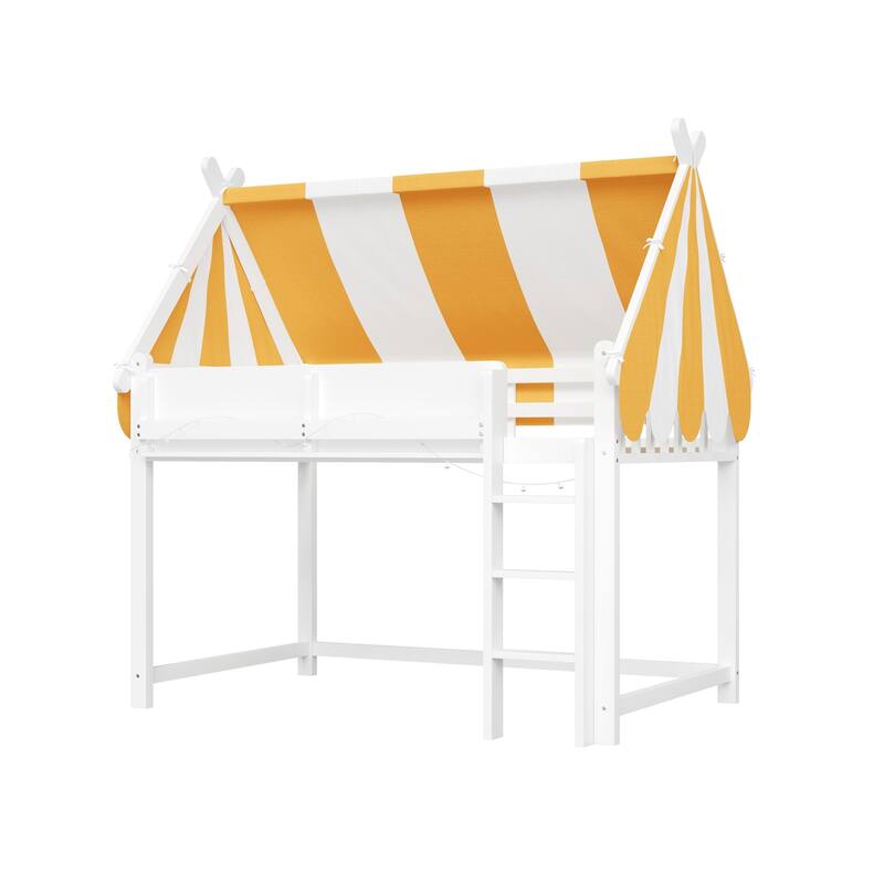 Loft Bed with Bright Yellow White Canopy, House-shaped Bed Frame Design with LED String Lights and Front Display Bookshelf