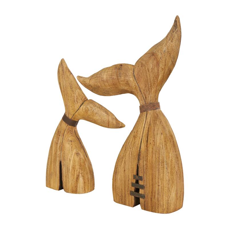 Brown Wood Handmade Tail Whale Decorative Sculpture with Metal Band Accents (Set of 2)