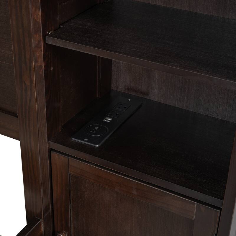 Queen Size Platform Bed with All-in-One Cabinet and Built-in Sockets