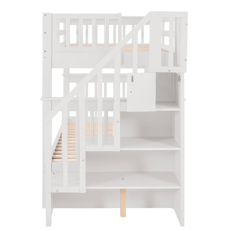 Twin-Over-Twin Bunk Bed with Trundle, White, Pinewood, Storage Shelves, No Box Spring Required
