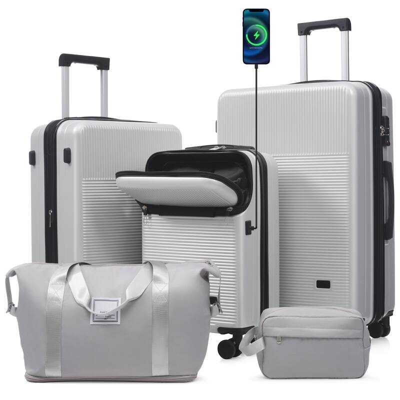 Luggage Sets 5 Piece with Half-opening, Hardside Carry On Suitcase Set with Double Spinner Wheel, with USB Port,TSA Locks - Silver