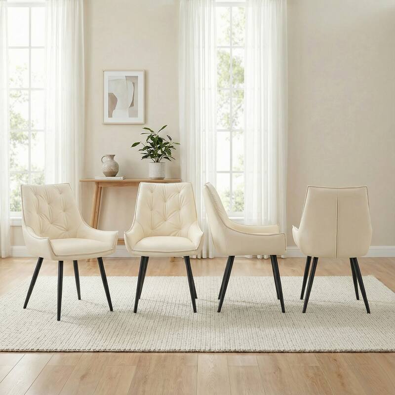 Dining Chairs Set of 4, Off White Faux Leather Dining Room Chair, with Gold Mesh Texture and Black Sanded Legs - Off White