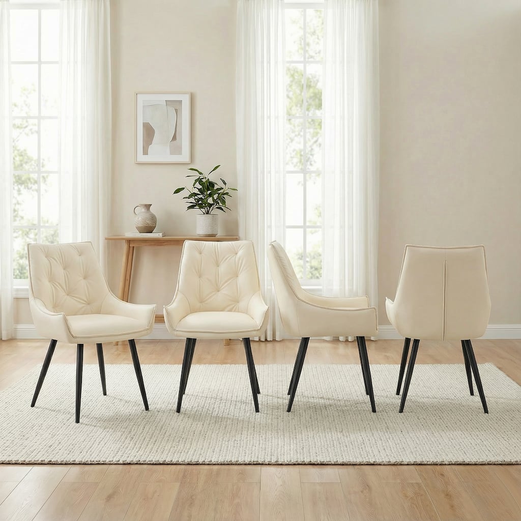Dining Chairs Set of 4, Off White Faux Leather Dining Room Chair, with Gold Mesh Texture and Black Sanded Legs