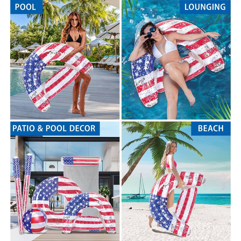 POZA Inflatable USA Flag Pool Float Chair with Sparkle Confetti - 48×38 Inch