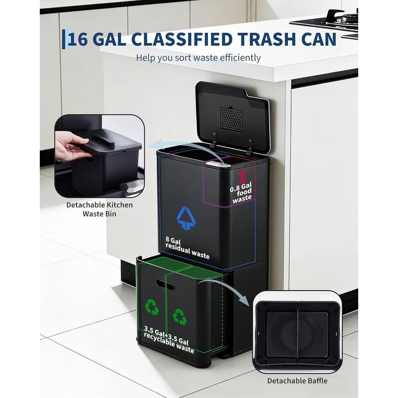 16-Gallon Dual Compartment Stainless Steel Trash and Recycle Bin with Odor Filter and Removable Buckets Silver