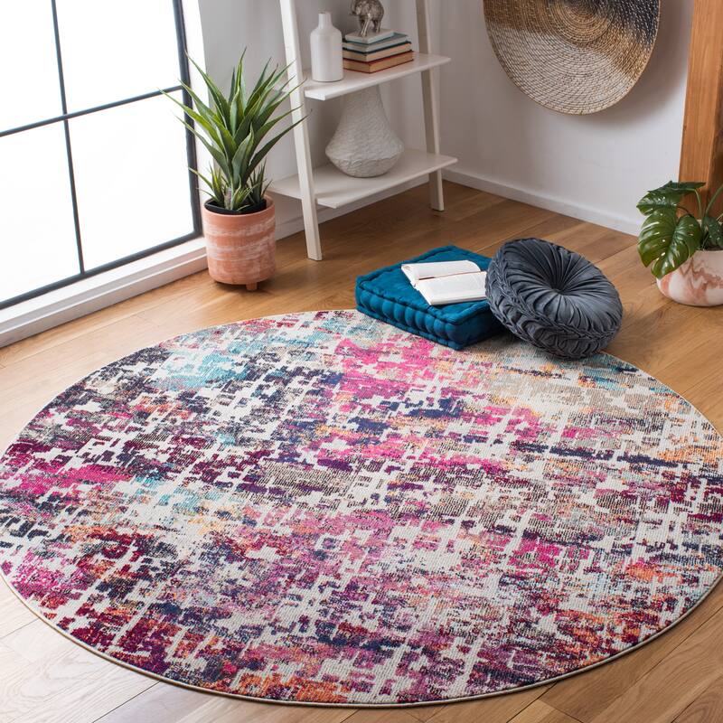 SAFAVIEH Madison Illa Vintage Abstract Rug- - 6'7" Round - Red/Light Blue