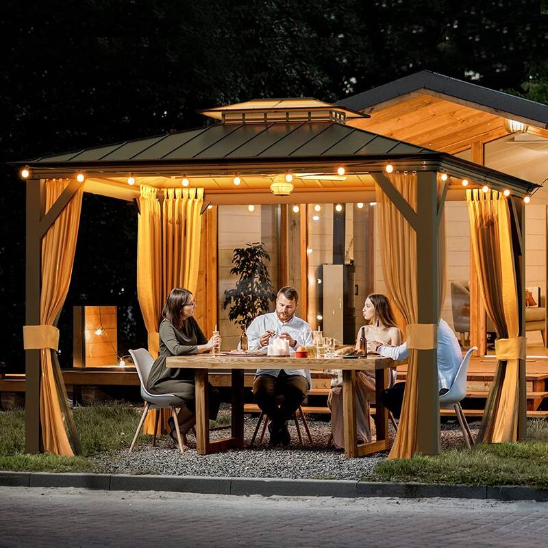 Outdoor Pro Series Galvanized Steel Hardtop Patio Gazebo Pergola w/Aluminum Frame, Prime Curtains and nettings include - 10'x12' - Double Roof