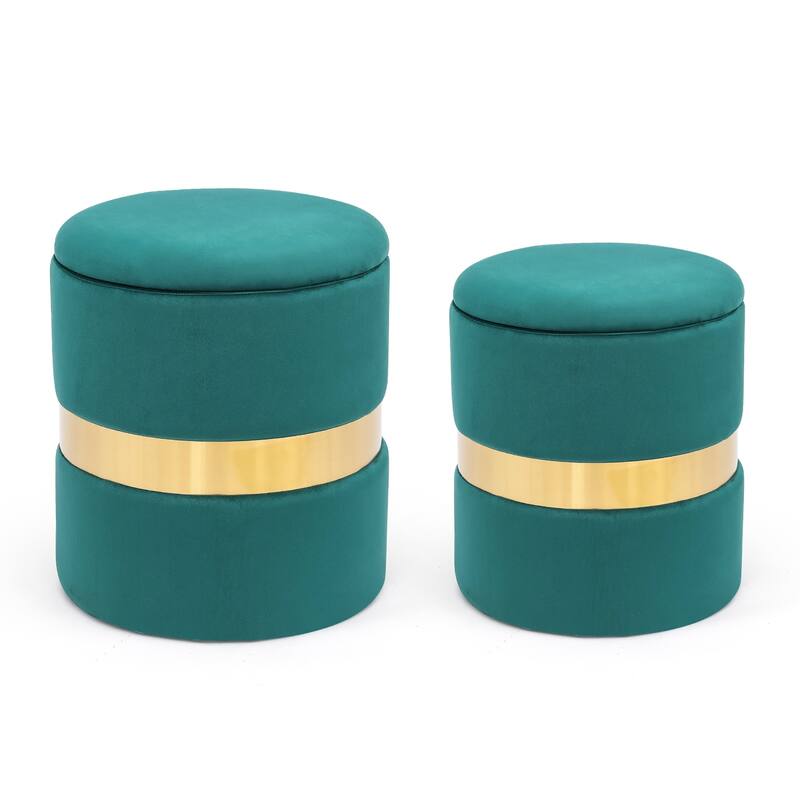 Adeco Set of 2 Velvet Storage Ottoman Round Foot Stool Metal Band