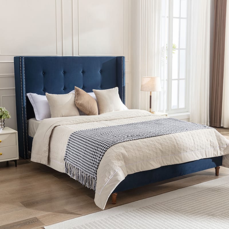 Carlsbad Velvet Upholstered Bed with 54" High Headboard by Christopher Knight Home - Blue - King