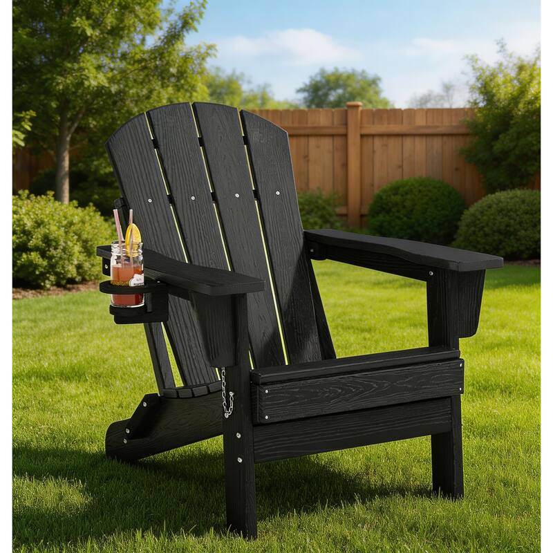 Folding Adirondack Chair, with Cup Holder - Black