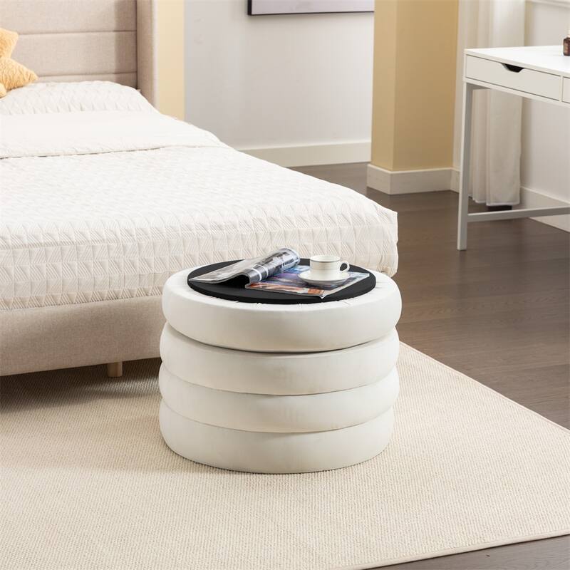 Fabric Storage Round Ottoman Footstool with Wooden Shelving