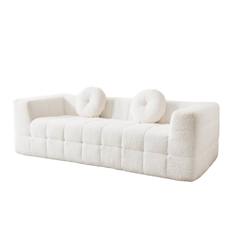84.6-inch Modern Boneless Couch with Two Circular throw pillows, Skin-friendly lychee-textured long-pile polyester fabric