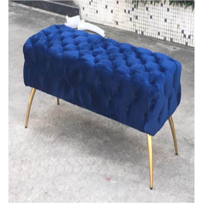 Navy Blue & Gold Button-Tufted Velvet Bench
