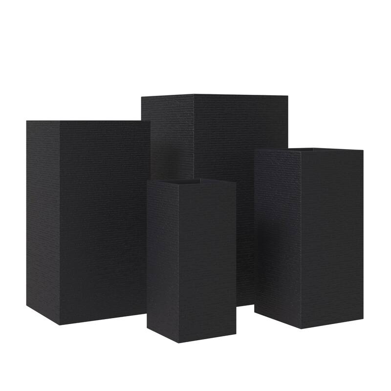 Basalt 4-Piece Tall Square Planter Set, Durable Fiberstone & Clay, Weather-Resistant Indoor/Outdoor Pots with Drainage