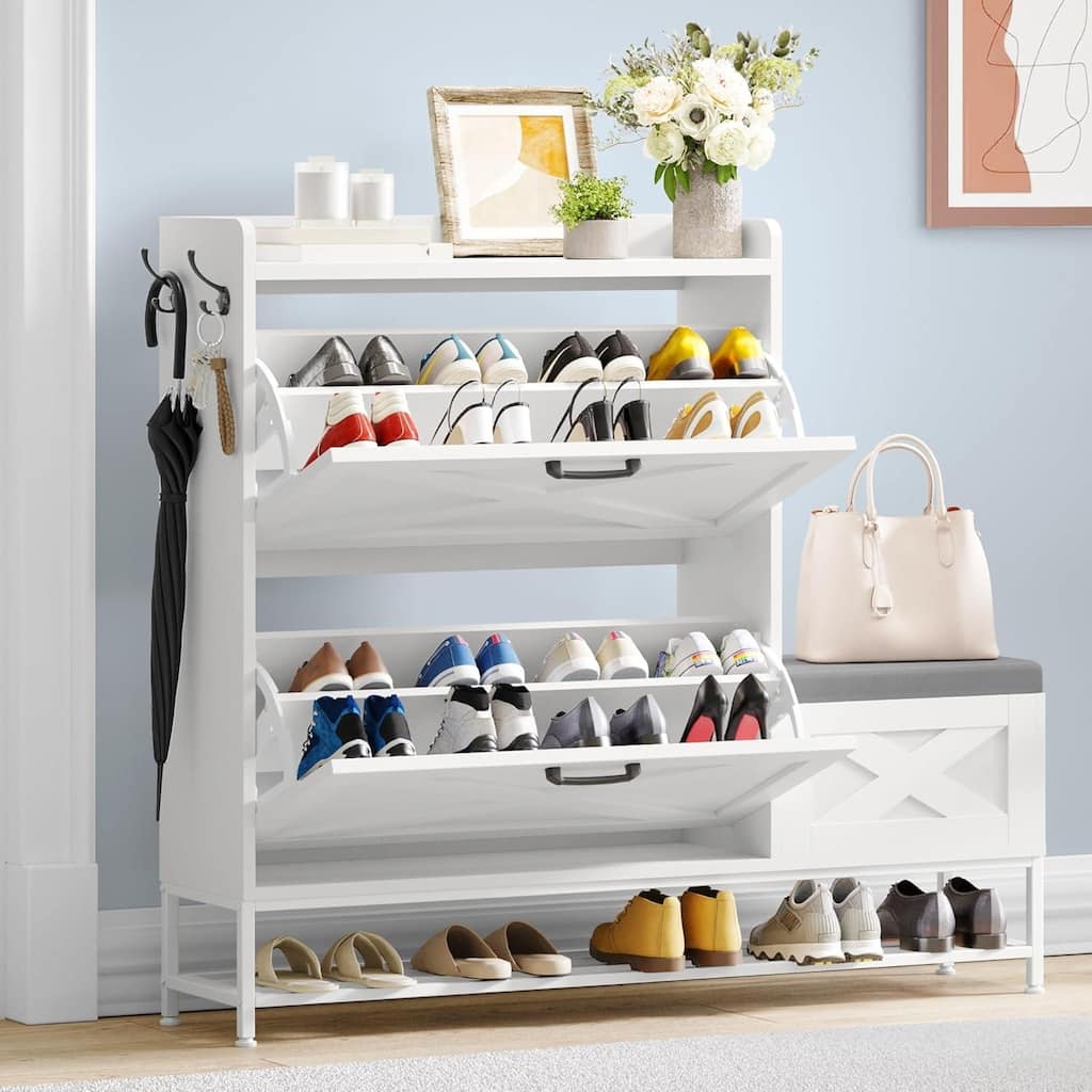 Shoe Cabinet with 2 Flip-Drawers & Storage Bench, Farmhouse Wood Freestanding Shoe Rack with 2 Hooks & Bottom Shelf