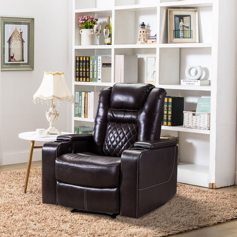 Breathable Leather Home Theater Seating with with USB Ports and Cup Holders - Brown