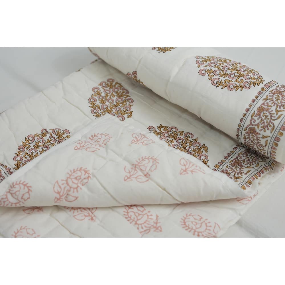 Fabdivine Floral Print Cotton Traditional Bedding Quilt Guldasta Brown Pink, Handmade Reversible Bedspread for Bedroom Decor