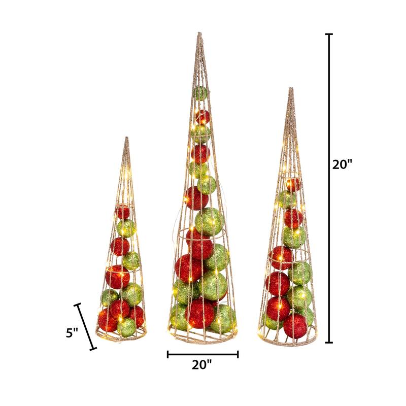 Set of 3 Lighted Red and Green Ornament Filled Cone Trees - N/A