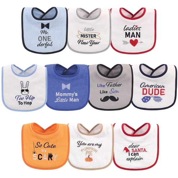 slide 1 of 1, Hudson Baby Infant Boy Cotton Terry Drooler Bibs with Fiber Filling 10pk, Holiday Boy Onederful, One Size One Size - Holiday Boy Onederful