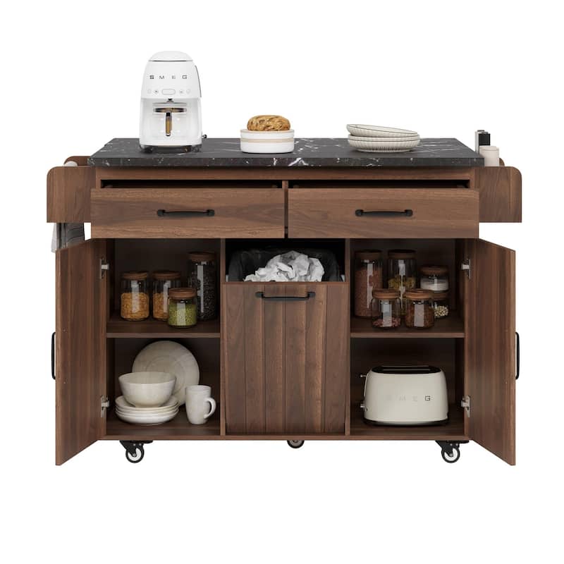 Kitchen Island with Trash Can Storage and Adjustable Shelf