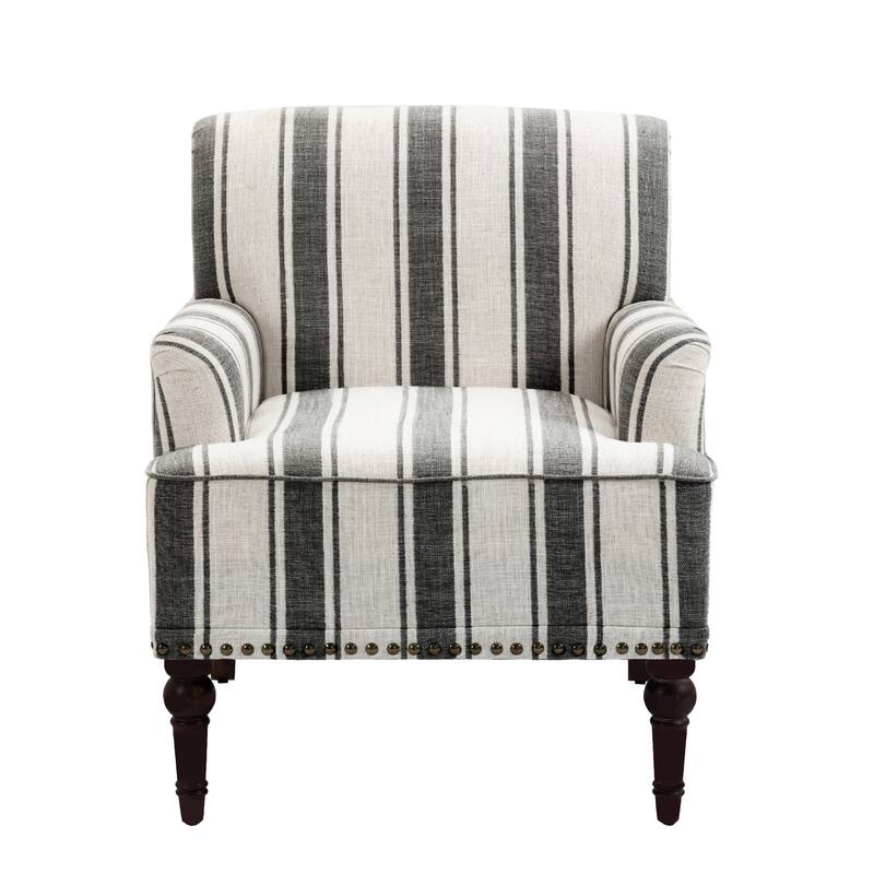 Set 2 Striped Upholstered Linen Armchair with Brass Nailhead Trim