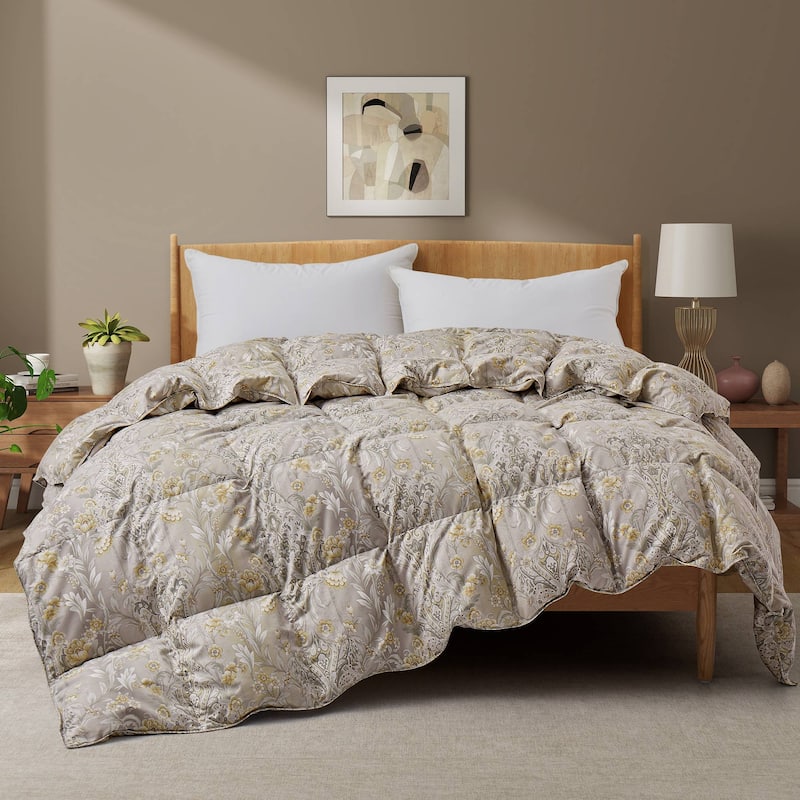 All Season Paisley Floral Printed Vintage White Goose Feather Down Comforter - King - Yellow Botanical