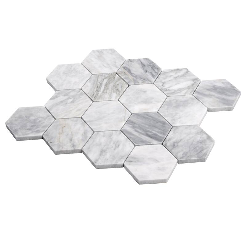 Toscana 12x10 in. Light Gray Polished Calacatta Bluette Hexagon Mosaic Wall and Floor Tile (4.38 sq ft/case, 5-Pack)