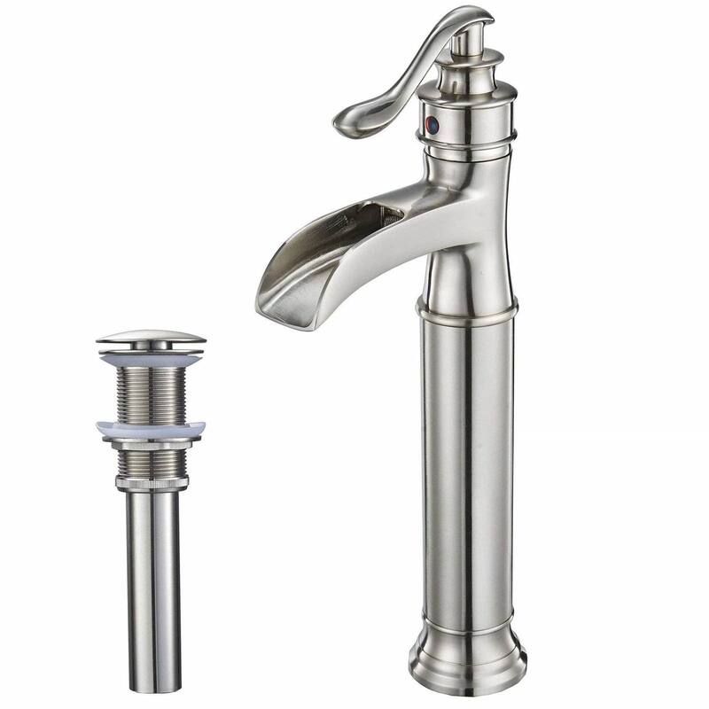 Waterfall Bathroom Vessel Faucet With Drain Assembly Single Handle Bathroon Vessel Sink Faucets One Hole Basin Vanity High Taps