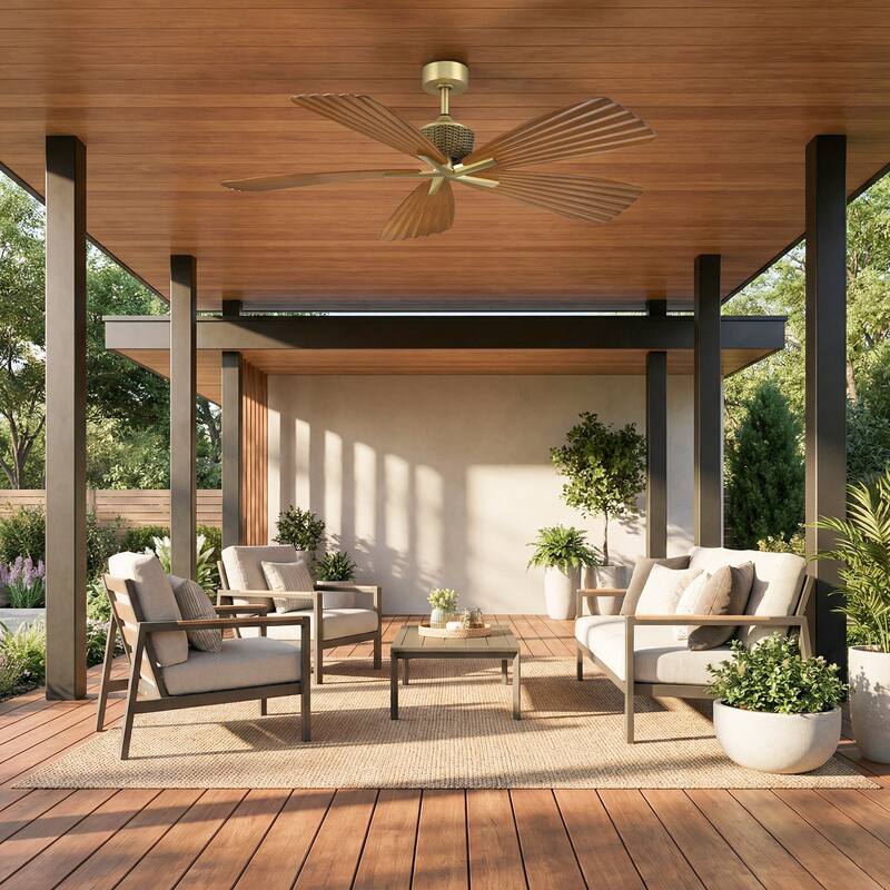 56" Tropical Brown Palm Leaf 5-Blade Indoor Outdoor Ceiling Fan with Remote, No Light