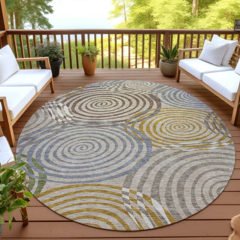 Machine Washable Indoor/ Outdoor Contemporary Swirls Chantille Rug - Beige - 8' x 8'
