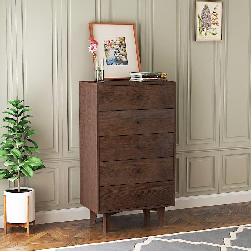 Modern Auburn Solid Wood Dresser Chest of Drawers with Retro Round Handle