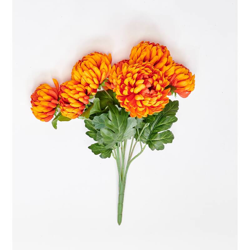 18" Artificial Chrysanthemum Bush with Leaves, Orange - 18