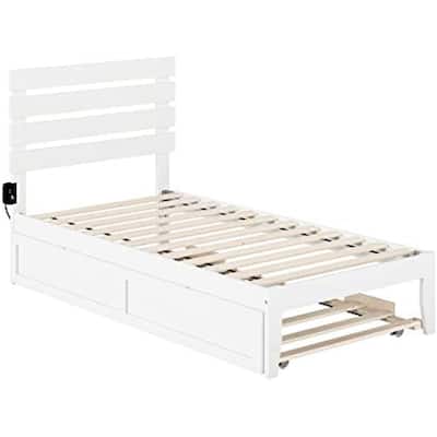 Twin Bed With Trundle & USB Charger - Modern Loft Style Bed Frame, Durable Wood Construction, White Finish